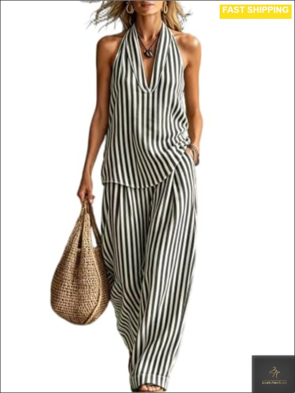 Womens Striped Cotton Halter V Neck Top & Wide Leg Pant Set